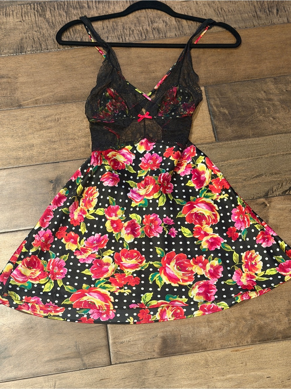 Floral Polka Dot Satin Slip Lingerie with Lace Bodice Black & Pink